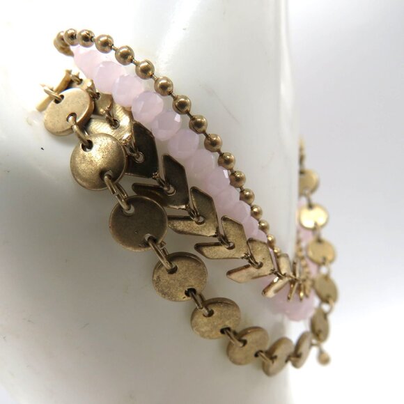 Canvas Bracelet Multi Layer Gold Tone Chains Pink Beads Adjustable Slide New - Picture 10 of 12